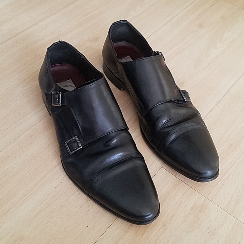 Men's black leather double monk Italian shoes